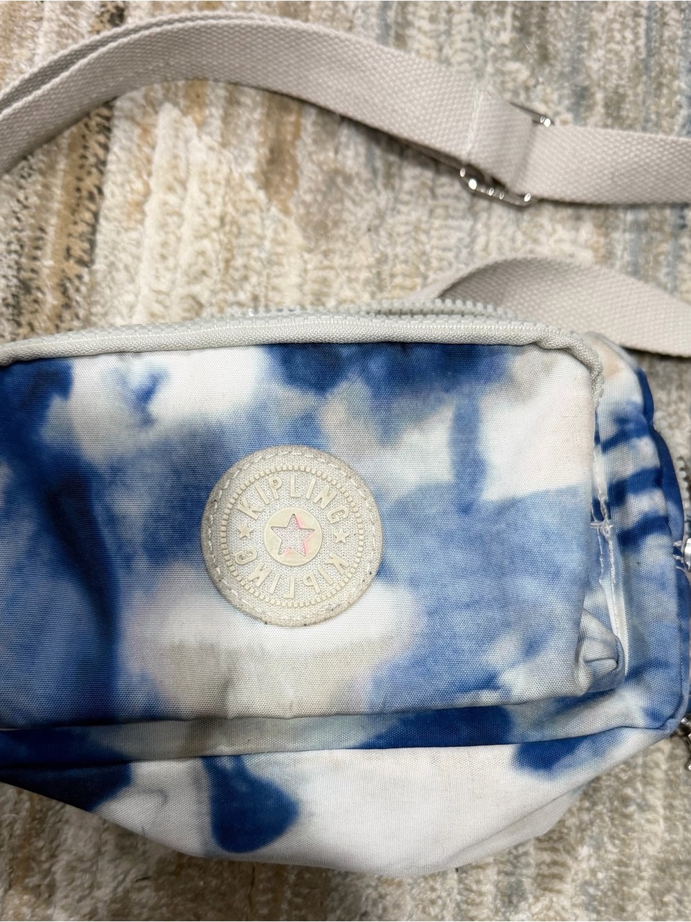 Kipling Blue and White Tie-Dye Crossbody Bag with Cream Strap